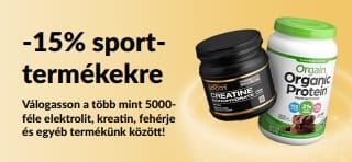 Sporttáplálékkiegészítőkre 15% kedvezményt kínáló banner, amely fehérjét, kreatint és edzés előtti készítményt ábrázol.