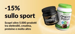 Banner promozionale che offre il 15% di sconto sui prodotti per la nutrizione sportiva, con proteine, creatina e integratori pre-workout.