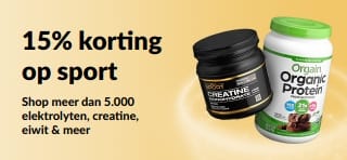 Promotiebanner met 15% korting op sportvoedingsproducten, waaronder eiwit-, creatine- en pre-workoutsupplementen.