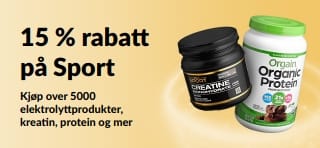 Kampanjebanner som tilbyr 15% rabatt på sportsernæringsprodukter, med protein, kreatin og pre-workout-tilskudd.