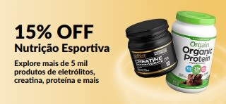 Banner promocional de nutrição esportiva com 15% OFF, destacando proteína, creatina e suplementos pré-treino.