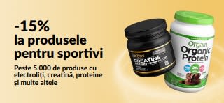 Banner cu 15% reducere la produsele pentru sportivi, precum proteine, creatină și suplimente pre-antrenament.