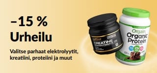 Mainosbanneri, joka tarjoaa –15 % urheiluravinteista. Kuvassa proteiini-, kreatiini- ja pre workout -tuotteita.
