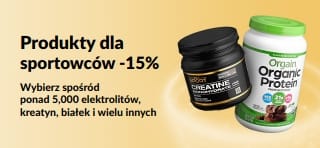 Baner promocyjny oferujący 15% zniżki na odżywki dla sportowców, przedstawiający białko, kreatynę oraz suplementy przedtreningowe.