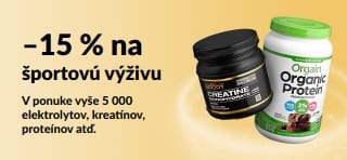 Propagačný baner ponúkajúci 15 % zľavu na produkty športovej výživy vrátane proteínov, kreatínu a predtréningoviek.