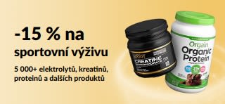 Propagační banner nabízející 15% slevu na produkty sportovní výživy, včetně proteinu, kreatinu a doplňky užívané před cvičením.