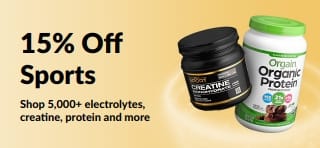 Promotional banner offering 15% off sports nutrition products, featuring protein, creatine and pre-workout supplements.