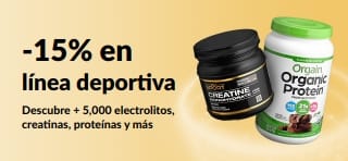 Banner de 15% de descuento en línea deportiva, como proteína, creatina y suplementos preentrenamiento.