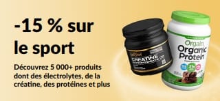Bannière promo de 15 % sur la nutrition sportive avec les protéines, la créatine et les suppléments pré-entraînement.