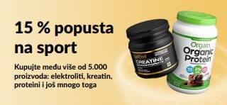 Reklamni natpis koji promovira 15 % popusta na proizvode sportske prehrane, s prikazom proteina, kreatina i dodataka prehrani prije treninga.