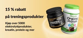 Kampanjebanner som tilbyr 15 % rabatt på sportsernæringsprodukter, med protein, kreatin og pre-workout-tilskudd.