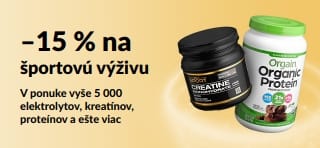 Propagačný baner ponúkajúci 15 % zľavu na produkty športovej výživy vrátane proteínov, kreatínu a predtréningoviek.