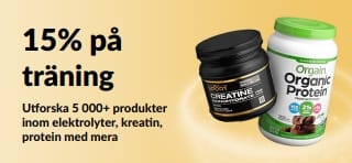 Marknadsföringsbanner som erbjuder 15% på sportnäring, med protein-, kreatin- och pre-workout-tillskott.