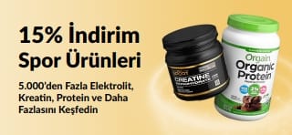 Protein, kreatin ve antrenman öncesi takviyelerin yer aldığı, spor ürünlerinde %15 indirim sunan tanıtım bannerı.