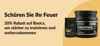iHerb-Banner mit Werbung für 20% Rabatt auf Sportnahrung-Basics wie Kreatin und Nahrungsergänzungsmittel.
