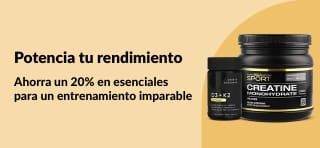 Banner de iHerb promocionando un 20% de descuento en nutrición deportiva, con creatina y suplementos.