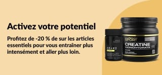 Bannière iHerb promouvant une réduction de 20 % sur les produits nutritionnels essentiels pour le sport, notamment la créatine et les compléments alimentaires.