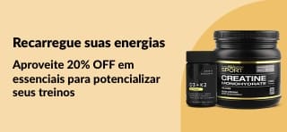 Banner da iHerb promovendo 20% OFF em essenciais de nutrição esportiva, com destaque para creatina e suplementos.