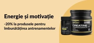 Banner iHerb cu 20% reducere la produse esențiale de nutriție sportivă, inclusiv creatină și suplimente.