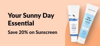 Four sunscreen tubes with promo text 'Save 20% on Sunscreen – Your Sunny Day Essential' on peach background with percent icon.