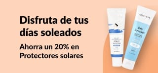 4 productos sobre un fondo color durazno, con el texto 'Ahorra un 20% en Protectores solares: Disfruta de tus días soleados'.