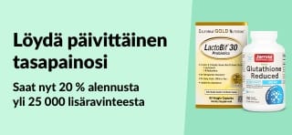 iHerb-banneri, jossa mainostetaan 20 %:n alennusta yli 25 000 ravintolisästä koodilla OCT25SUPP. Kuvassa hyvinvointi- ja vitamiinituotteita.