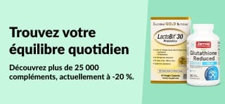 Bannière iHerb proposant 20 % de réduction sur plus de 25 000 compléments alimentaires avec le code OCT25SUPP, mettant en avant des produits de bien-être et des vitamines.