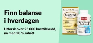 iHerb-banner som promoterer 20 % rabatt på over 25 000 kosttilskudd med koden OCT25SUPP, med velvære- og vitaminprodukter.