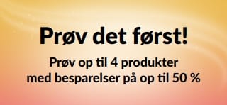 Kampagnebanner: Prøv det først! Prøv op til 4 varer med op til 50 % rabat.