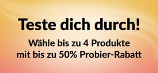 Banner: Erst probieren! Teste bis zu 4 Artikel mit bis zu 50 % Rabatt beim ersten Kauf.