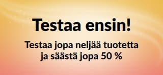 Mainosbanneri: Testaa ensin! Testaa jopa neljää tuotetta ja säästä jopa 50 %.