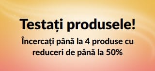 Banner promoțional: Testați produsele! Încercați până la 4 produse cu reduceri de până la 50%.