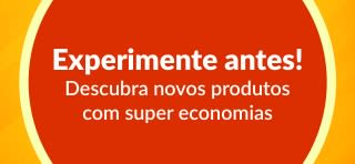 Banner promovendo a oferta “Experimente antes”, incentivando a descoberta de novos produtos com ofertas especiais válidas para uso único na primeira compra.