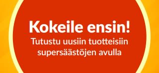 Banneri, joka mainostaa ”Kokeile ensin” -kokeilutarjousta. Kannustaa kokeilemaan uusia tuotteita tarjoamalla kertaluontoisen erikoistarjouksen ensimmäisistä tuoteostoista.