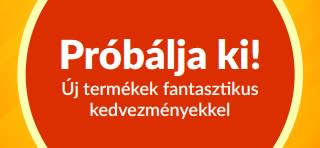 A „Próbálja ki először” próbaajánlatot népszerűsítő banner, amely új termékek felfedezésére ösztönöz, különleges egyszeri kedvezménnyel az első vásárlások esetén.
