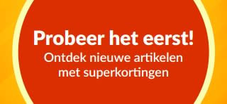 Banner die de proefaanbieding 'Probeer het eerst' promoot en de ontdekking van nieuwe producten aanmoedigt met speciale eenmalige kortingen op de eerste aankopen.