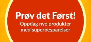 Banner som markedsfører «Prøv det først»-prøvetilbudet, som oppmuntrer til å oppdage nye produkter med en spesiell engangsrabatt på det første kjøpet.