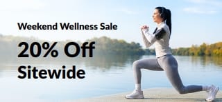 Weekend Wellness Sale banner: 20% Off Sitewide with code OCT26SW. Woman exercising by a lake.