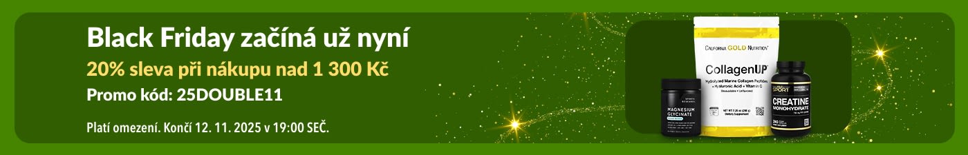Banner iHerb pro začínající akci Black Friday zobrazující CollagenUP a další doplňky stravy.