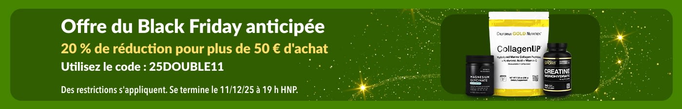 Bannière du Black Friday d’iHerb, avec CollagenUP et des compléments.
