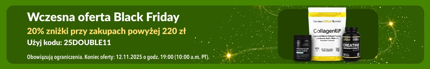 Baner iHerb z okazji wcześniejszego Black Friday, przedstawiający CollagenUP i suplementy.