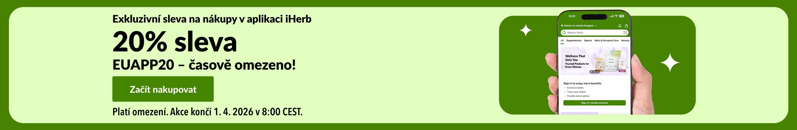 Banner propagující exkluzivní 20% slevu na nákupy v aplikaci iHerb s QR kódem a promo kódem EUAPP20.