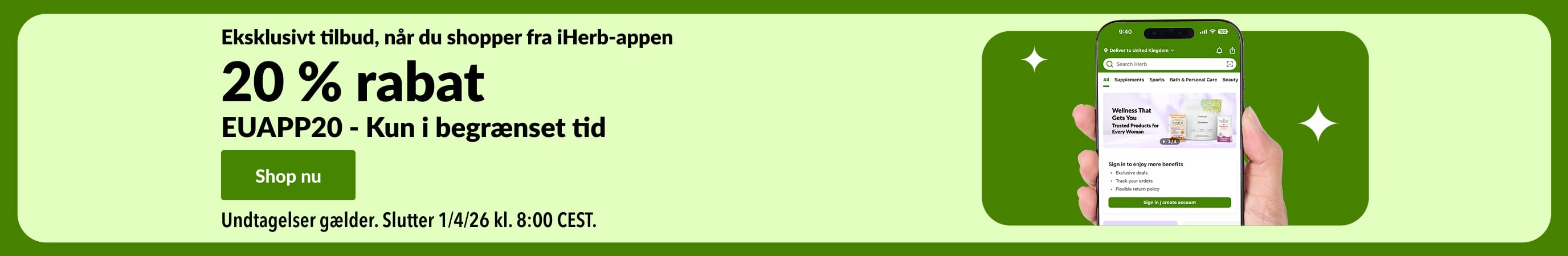Banner med eksklusivt tilbud i iHerb-appen, der viser 20 % rabat med QR-kode og rabatkode EUAPP20.