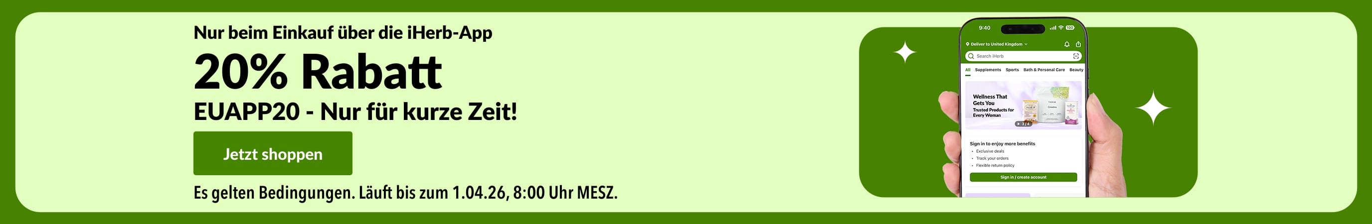 Werbebanner der exklusiven iHerb-App-Aktion zeigt 20% Rabatt mit dem QR-Code und dem Rabattcode EUAPP20.