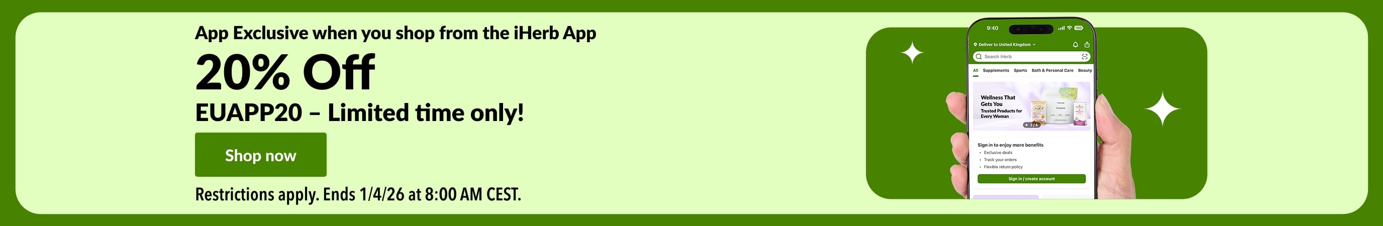 iHerb app exclusive savings banner showing 20% off with QR code and promo code EUAPP20.