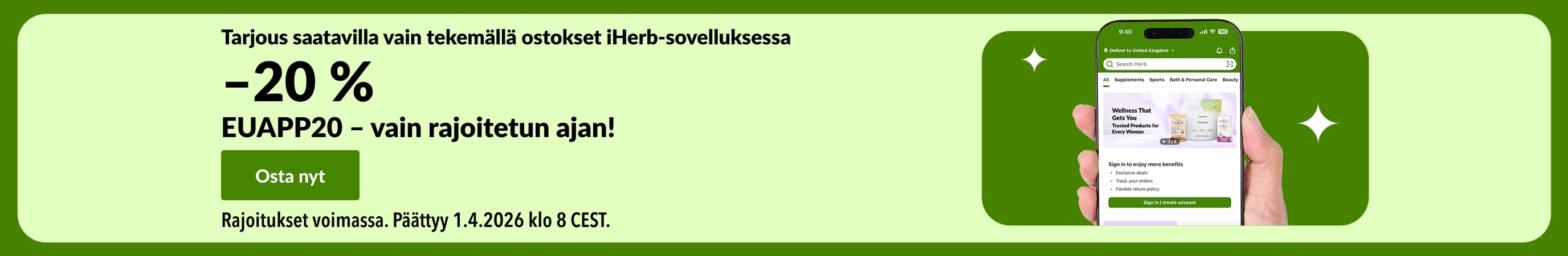 Tarjousbanneri alennuksesta vain iHerb-sovelluksessa: –20 % QR-koodilla ja tarjouskoodilla EUAPP20.