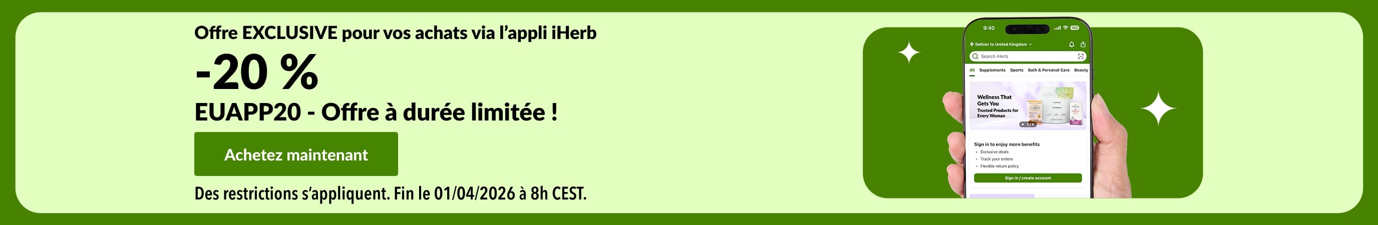 Bannière d’économies exclusive à l’application iHerb affichant 20 % de réduction avec un QR code et le code promo EUAPP20.