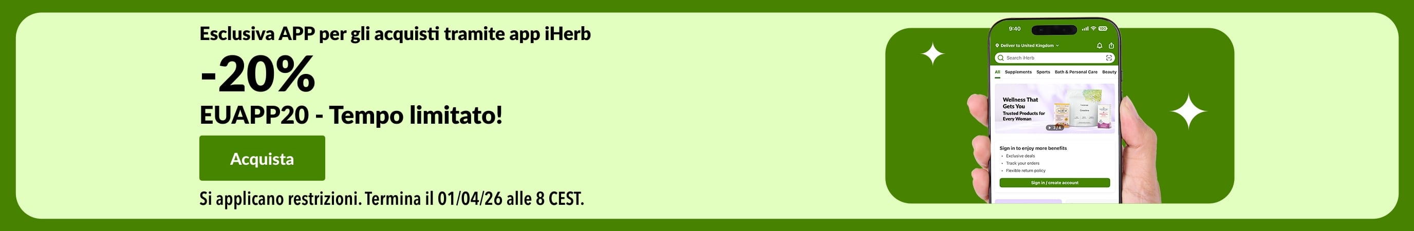 Banner promozionale iHerb: risparmio sull'app con uno sconto del 20%. Include un codice QR e il codice sconto EUAPP20.