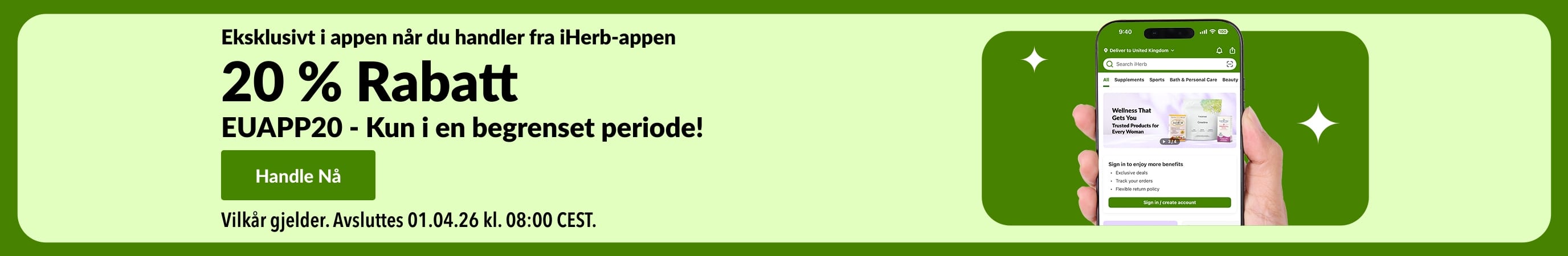 iHerb app-eksklusive rabatt. Banneret viser 20 % rabatt med QR-kode og kampanjekode EUAPP20.