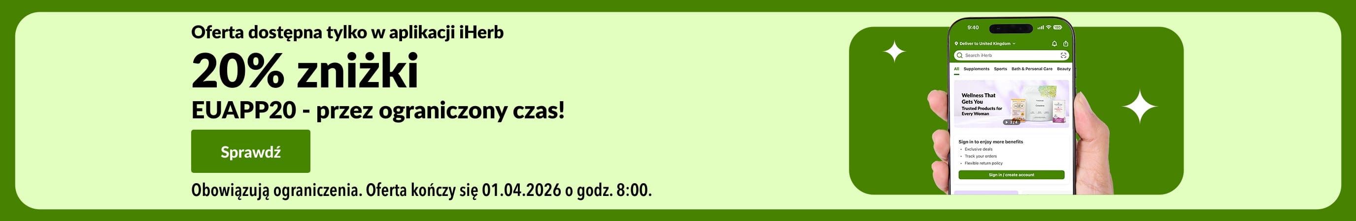 Baner promocyjny dostępny wyłącznie w aplikacji iHerb, informujący o 20% zniżki, z kodem QR oraz kod promocyjny EUAPP20
